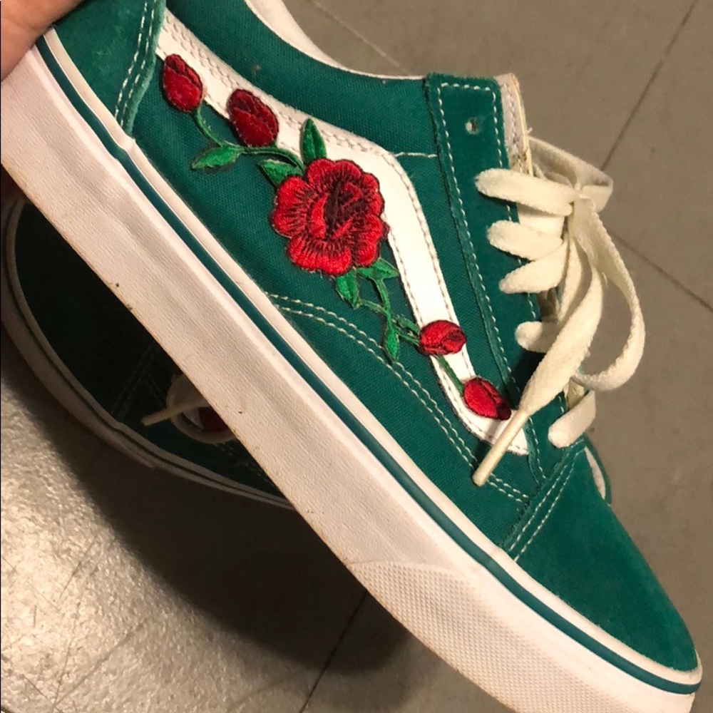 Custom Rose embroidered green vans